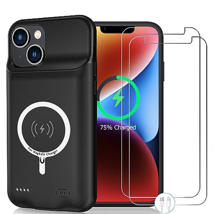 Wireless Charging Case for iPhone 14, 10000mAh High Capacity Portable Rechargeable Protective Battery Case Wireless Charging Compatible with iPhone 14 (6.1 inch) Extended Battery Charger Case (Black) - size: iPhone 14