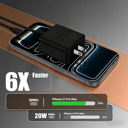 Fast Charger for iPhone 17 Pro Max, Super Fast USB C (6+6+10) FT Cables - color: Black
