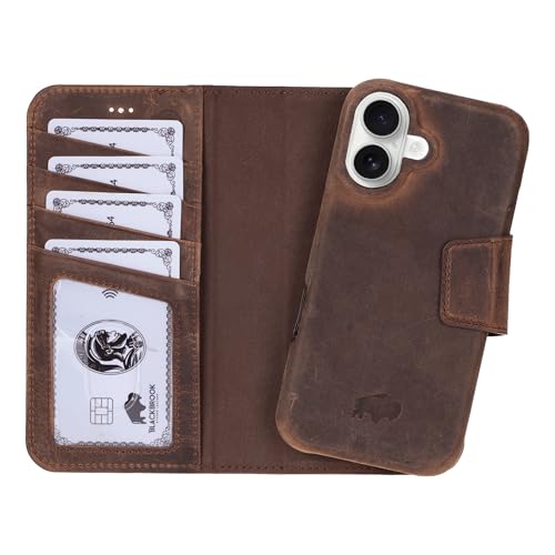 BLACKBROOK for iPhone 16 Plus Case with Wallet, Burkley Full Grain Leather, Detachable 2-in-1 Set for MagSafe, 4 Card Slots with RFID, Folio Wallet Compatible with iPhone 16 Plus - color: Distressed Coffee, size: iPhone 16 Plus