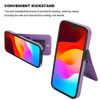 KIHUWEY for iPhone 15 Plus Wallet Case Card Holder Kickstand, Purple | Credit Card Slots, PU Leather, Magnetic Clasp, Flip Heavy Duty Protection Cover for Men and Women - color: Purple