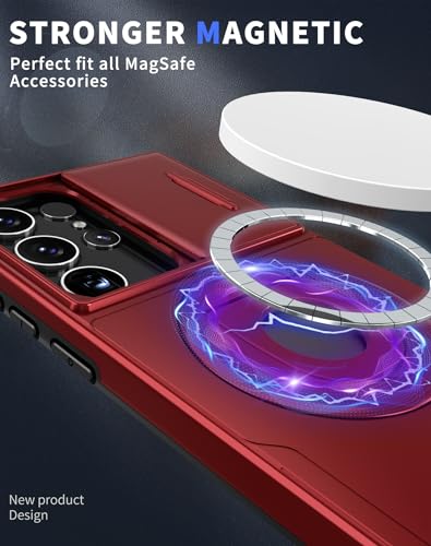 ANNGELAS for Samsung Galaxy S23 Ultra Mag Safe Kickstand Case with Slide Camera Cover,Slim Shockproof Military Heavy Duty Anti Drop Full Body Protection,360 Rotating Stand Magnetic Phone Case(Red) - color: Magnetic Stand Red