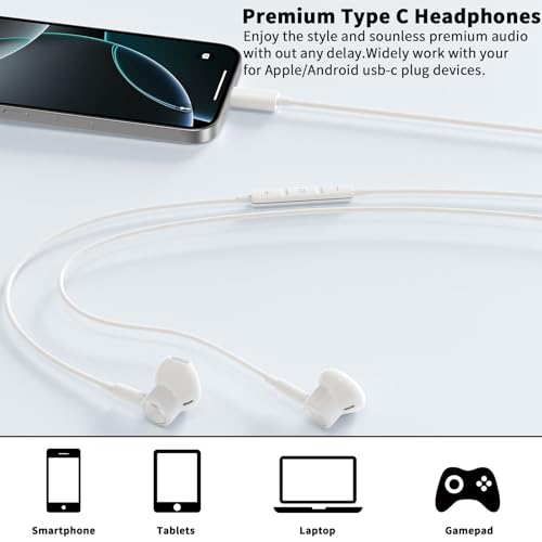 USB C Earbuds Wired Headphone for iPhone 18 Pro Max 17 16 17e,White - color: White