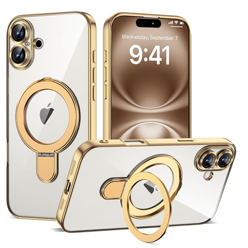 Compatible with iPhone 16 Plus Case with Magnetic Ring Stand Compatible with Mag-Safe Full Camera Lens Protector Plating Clear Phone Case for iPhone 16 Plus 6.7", Gold - color: Gold, size: Iphone 16 Plus