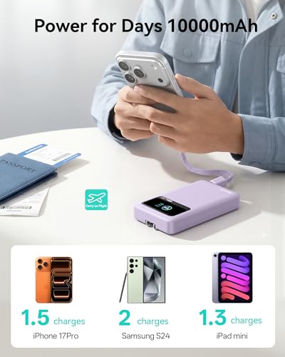 MOKiN 3-in-1 Power Bank,10000mAh 40W Portable Charger with Foldable Plug,Built-in USB-C Cable & LCD Display,Travel Essential Phone Fast Charging Battery Pack,for iPhone 17/16,Samsung etc (Purple) - color: Purple
