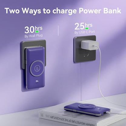 Magnetic 10000mAh Portable Charger for iWatch & iPhone, PD Fast Charging Wireless Power Bank Built-in Cables and Wall Plug, External Travel Battery Pack Compatible with iOS Android Phones - color: Dark Blue