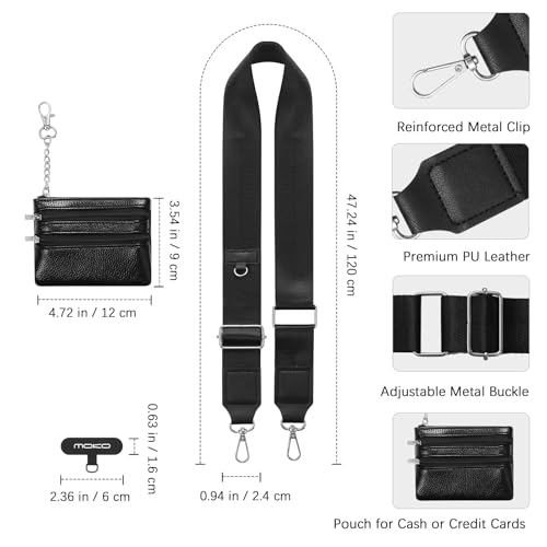 MoKo Universal Phone Lanyard, Phone Crossbody Strap with Detachable Pouch, Adjustable Cellphone Lanyard Crossbody Around the Neck with Patches for iPhone, Samsung, Most Smartphones, Black