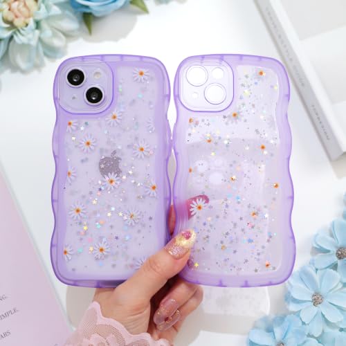 Glitter case for iPhone 13/14 Flowers Purple | Bling Sparkle Glitter，Flowers，Full Protection Soft TPU，Kawaii Cute Phone Case for Women Girls - color: Flowers Purple