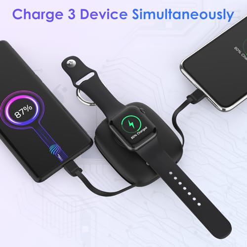 Small Portable Charger 5000mAh,iWatch Wireless Charger Mini Power Bank with Built-in Cable,Travel Keychain Charger for Apple Watch 11/10/9/8/Ultra/7/6/Se/5/4,iPhone 17/16/15/14/13/12,Android Phone - color: Black