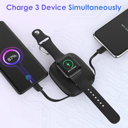 Small Portable Charger 5000mAh,iWatch Wireless Charger Mini Power Bank with Built-in Cable,Travel Keychain Charger for Apple Watch 11/10/9/8/Ultra/7/6/Se/5/4,iPhone 17/16/15/14/13/12,Android Phone - color: Black
