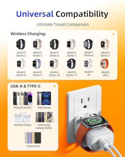 3-in-1 Portable Apple Watch Charger Fast Charging，25W Wireless Magnetic Foldable iWatch Charger Block，PD Travel Essentials Block for iWatch Ultra/SE/ 10/9/ 8/7/ 6，iPhone 17/16/ 15 Series