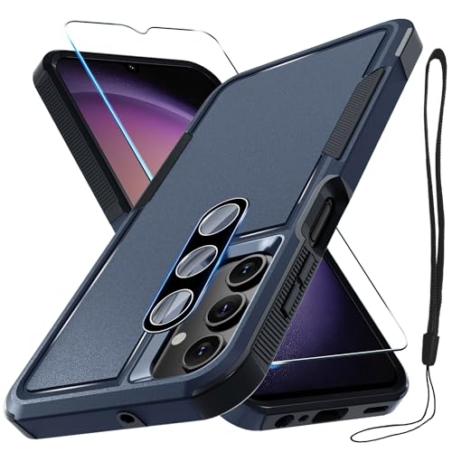 Case for Samsung Galaxy A15 5G, Full Body Heavy Duty Rugged Shockproof Protective Phone Cover with Lanyard Strap, Tempered Glass Screen Protector and Camera Lens Cover, Navy Blue | Rugged Shockproof Protective Phone Case with Lanyard Strap,Tempered Glass