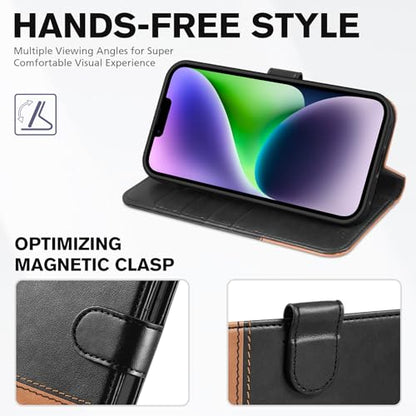 TUCCH Wallet Case for iPhone 14 (6.1") 2022, Flip Stand, Black & Brown | RFID Blocking, 4 Card Holders, Kickstand, PU Leather, Shockproof TPU Shell, Magnetic Closure, Protective Folio Cover - color: Black & Brown