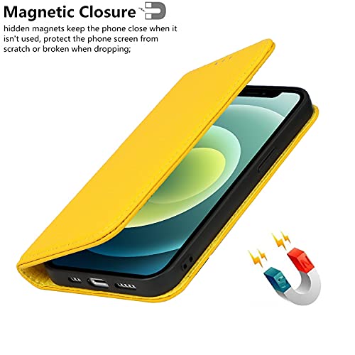 iCoverCase Compatible with iPhone 13 Wallet Case with Credit Card Holder and Wrist Strap, RFID Blocking Genuine Leather Flip Magnetic Phone Cover 6.1 Inch (Yellow) - color: 1-Yellow (No Headphone Storage Belt), size: iPhone 13