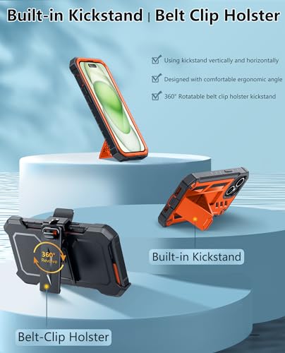 FNTCASE for iPhone 15 Case with Belt Clip and Built-in Screen Protector | Rugged Kickstand, 20FT Military-Grade Drop Protection, Full Body Heavy Duty Shockproof Holster, Hard Protective Cover - color: Orange