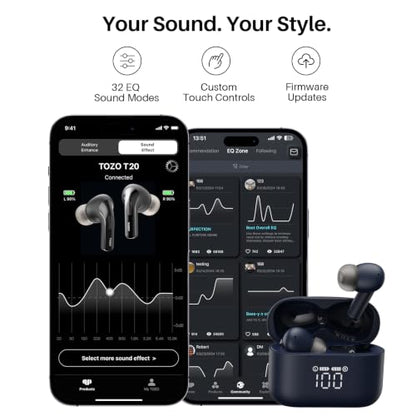TOZO T20 Wireless Earbuds 97H Playtime, Wireless Charging LED Display Case - color: Blue