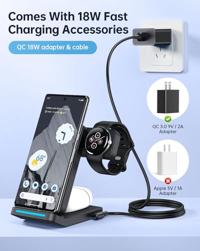 Foldable Wireless Charger for Google Pixel Watch 3/2, 3 in 1 Fast Charging Station Stand for Pixel 10 Pro XL/10 Pro/9/8/7 Pro/8a/8/7/6 Pro and Buds (Not for Pixel Watch 4/1) with QC Adapter