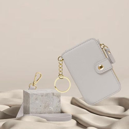 M-Plateau RFID Blocking Keychain Wallet With Leather Wrist Strap | Keychain Wristlet, Womens Card Holder with Zipper Coin Pocket and ID Window - color: Beige