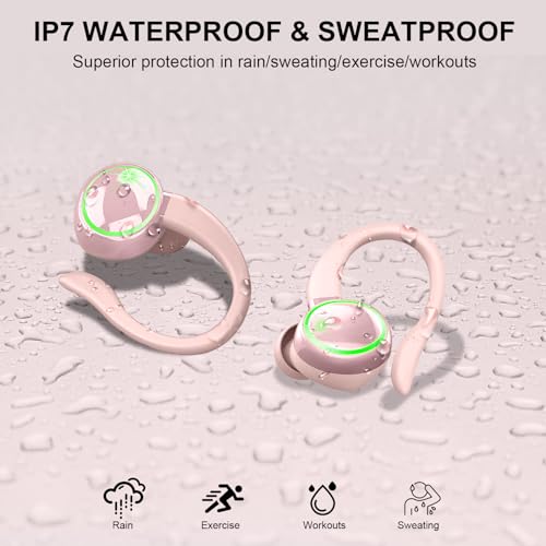 Matast Wireless Earbuds, Bluetooth Headphones Sports, IP7 Waterproof Headset with Earhook Workout, 50H Playback Over-Ear Buds with ENC Noise Cancelling Mic, Deep Bass Fitness Earphones Gym Running - color: Lily powder