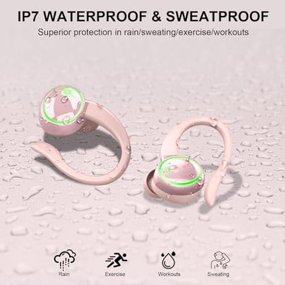 Matast Wireless Earbuds, Bluetooth Headphones Sports, IP7 Waterproof Headset with Earhook Workout, 50H Playback Over-Ear Buds with ENC Noise Cancelling Mic, Deep Bass Fitness Earphones Gym Running - color: Lily powder