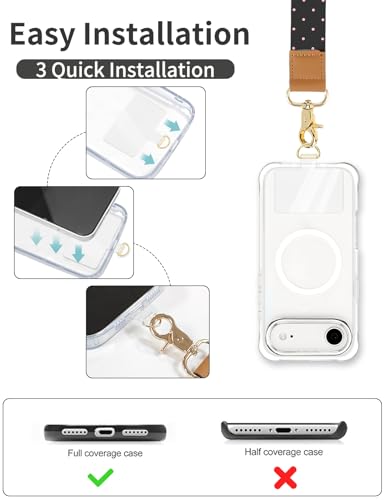 Phone Lanyard Crossbody Strap, Adjustable Neck Strap and Wristlet Strap for Phone Wallet ID Badge with 2 Phone Tabs - color: Black Pink Dots