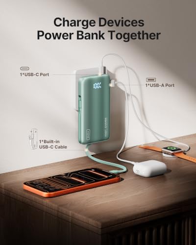 INIU 45W Fast Charging Portable Charger, 10000mAh with Built in Wall Plug | Slimmest, Built-in Wall Plug, USB-C Cable, GaN, Flight-Safe, 3 in 1 Power Bank for iPhone 17, Samsung, iPad etc, Green - color: Green