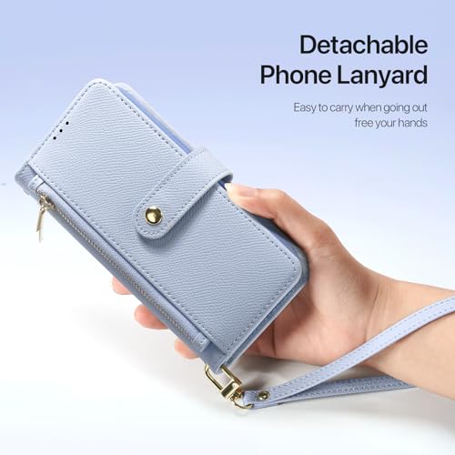 for iPhone 16 Pro Case Wallet, Detachable Magnetic Wallet Case | Compatible with Magsafe, RFID Blocking, Zipper Card Holder, PU Leather Flip Folio Case, Strap Wallet Case, Phone Kickstand - color: Blue, size: iPhone 16 Pro