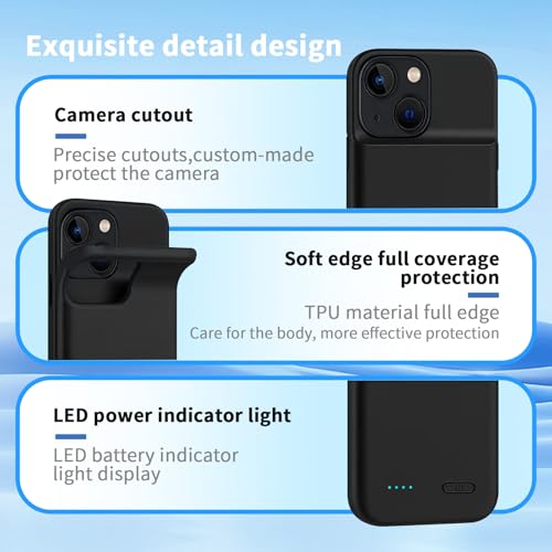 Battery Charger Case for iPhone 13/14, 10000mAh Extended Portable Charger Case (6.1'inch) with Secure Fit & LED Power Indicator-Black