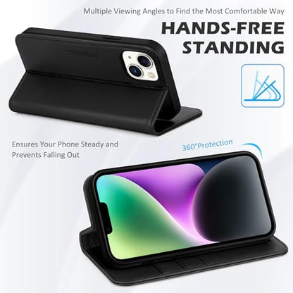 SHIELDON Genuine Leather Folio Wallet Case for iPhone 14 6.1" 2022, Black | Magnetic Closure, RFID Blocking, Credit Card Holder, Kickstand, Book Design, Shockproof Phone Cover - color: Black