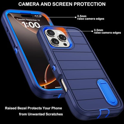 for iPhone 16 Pro Case with Screen Protector,Built-in Invisible Kickstand,Heavy Duty Shockproof Drop Protection Military Grade Tri-Layer Rugged Durable Cell Phone Cover for Apple 16 Pro 6.3" (Blue) - color: Blue