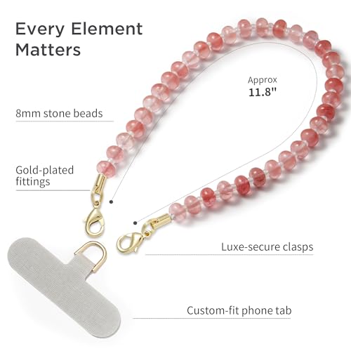 POSADINA Natural Stone Phone Charm, Beaded Healing Phone Wrist Strap, Handmade Cellphone Chain Lanyard with Tether Tab - color: Rosy Glow