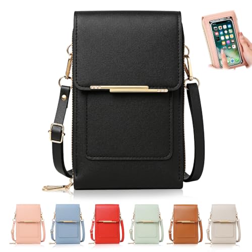 Touchscreen Phone Crossbody Bag for Women,2026 Small Anti Theft Leather Bag,Adjustable PU Leather Phone Bag - color: Black