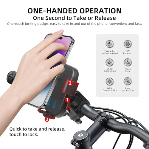 Motorcycle Phone Holder, Anti Shake Bicycle Phone Clamp for Road Ebike/Scooter/Stroller-One Hand Operation 360°Rotation,Bike Accessories Handlebar Clip Holder, Black 94003 - color: Black2 Handlebar