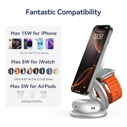 KU XIU X63 3 in 1 Charging Station for Apple, Aluminum Alloy Foldable Magnetic Wireless Charger, Travel Charger for iPhone 16/15/14/13/12 Series, Apple Watch& AirPods(with 20W Adapter)-Silver - color: Silver