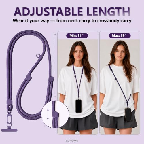 Adjustable Crossbody Phone Lanyard, Braided Cord with Tether Tab - color: Dpurple