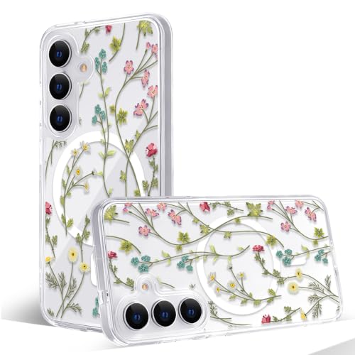 Magnetic Case for Samsung Galaxy S25 [Compatible with MagSafe] Cute Clear Flower Floral Case for Women Girls Soft TPU Bumper Hard PC Back Anti-Fall Shockproof Protective Slim Cover A8 - color: Flower Branch 1, size: Samsung Galaxy S25 Case