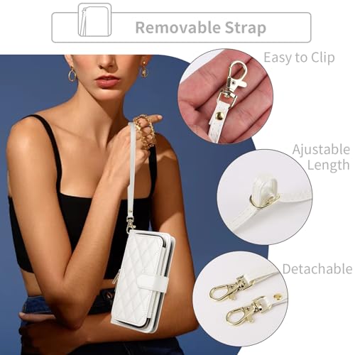 Wallet Case for Samsung Galaxy S21 5G 6.2 inch with Wrist Strap, 9+ Card Slots Zipper Purse, Luxury PU Leather Stand Full Body Accessories Cell Phone Cover for S 21 21S G5 Women Girls White | Girls, Wrist/Shoulder Strap, 9+ Card Slots Zipper Purse, Luxury