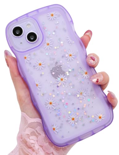 Glitter case for iPhone 13/14 Flowers Purple | Bling Sparkle Glitter，Flowers，Full Protection Soft TPU，Kawaii Cute Phone Case for Women Girls - color: Flowers Purple