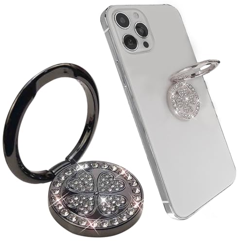 2 Pack Phone Grip Holder Adhesive, 4-Leaf Clover with Bling Diamond Thin Smartphone Finger Grips Loop Handle Stand for the Back of iPhone - Black White - color: Black White
