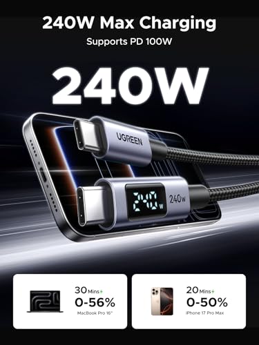 UGREEN USB C 240W Cable with Digital Display, PD 100W Fast Charging, 6.6FT - size: 6.6FT
