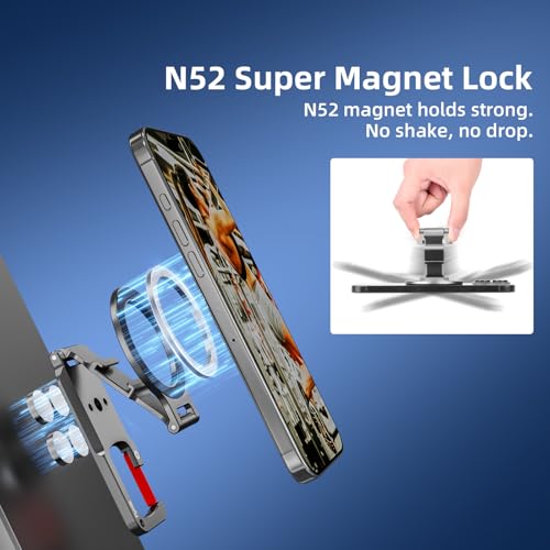 Magnetic Phone Mount for MagSafe, Maglock Tripod Adapter Magnet Golf Gym Workout Stand Metal Carabiner Dual Holder with 1/4 Screw Hole, for iPhone 18 17 16 15 14 Series Foldable Portable Accessories
