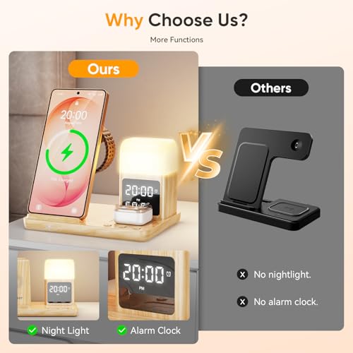 6 in 1 Wireless Charging Station for Samsung Android with Clock & Night Light,Wireless Charger Beside Clock for Galaxy S26 Ultra S25 S24,Galaxy Watch 8/7 Buds 4/3 Pro,Not for Watch 9/Ultra 2 - color: Wood