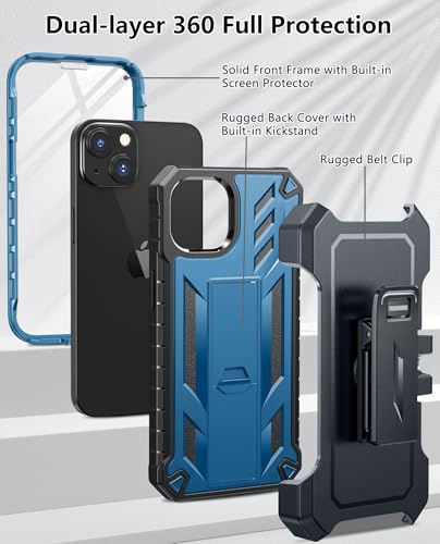 for iPhone 13/14/15 Phone Case: for iPhone 16e Protective Cover with Belt Clip Holster | Durable Dual-Layer Design with Built-in Kickstand | Heavy Duty Military Grade Hard Protection Shock Proof | Built-in Screen Protector, 20FT Military-Grade Drop Shockp