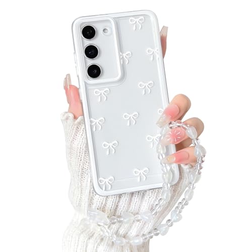 NITITOP Compatible with Samsung Galaxy S23 Plus Case Clear Ribbon Bow Knot Pattern for Girls Women Bowknot Durable with Chain Wrist Strap Soft TPU Shockproof Protective Phone Cover - White - color: White, size: Samsung Galaxy S23 Plus