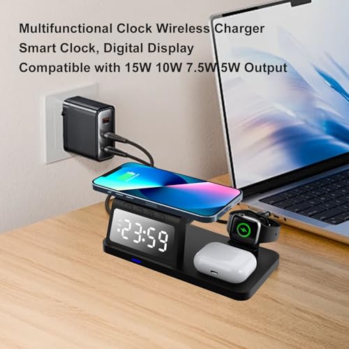 Sanpyl 3 in 1 Wireless Charging Station for Multiple Devices, 15W Fast Charging Station for Phone Watch Earbuds, with Alarm Clock, 19x10x6mm