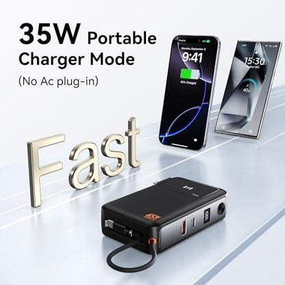 Selore&S-Global 3-in-1 Portable Phone Charger with Wall Plug, 10000mAh USB-C Power Bank with Built in Cable, 35W Portable Battery Pack for iPhone Samsung Android & 65W Wall Charger for Laptop MacBook