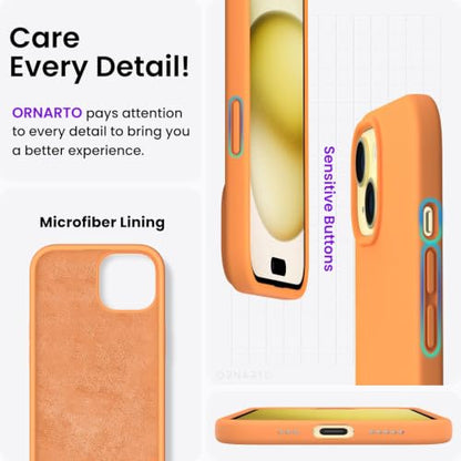 ORNARTO Compatible with iPhone 15 Case 6.1, Slim Liquid Silicone 3 Layers Full Covered Soft Gel Rubber Phone Case, Anti-Scratch Shockproof Protective Cover 6.1 Inch, Marigold - color: Marigold