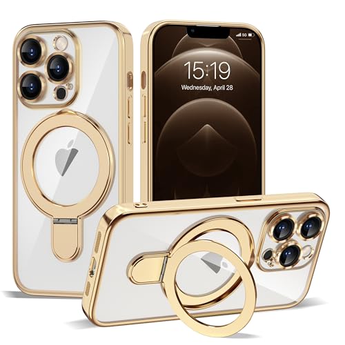 Compatible with iPhone 12 Pro Case with Invisible Magnetic Ring Stand [Compatible with Mag-Safe] [Full Camera Lens Protector] Plating Clear Phone Case for iPhone 12 Pro 6.1", Gold - color: Gold, size: Iphone 12 Pro