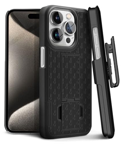 MOTIVE for iPhone 15 Pro Max Case with Belt Clip, Rigid, Kickstand | 6.7" | Ranger v1 Series, Black, 360° holster, open-top/open-bottom port access, textured grip, slim - size: iPhone 15 Pro Max