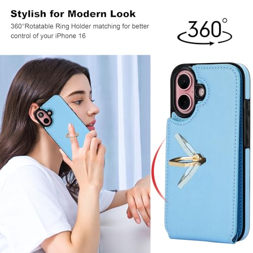 Folosu Compatible with iPhone 16 Case Wallet with Card Holder, 360°Rotation Finger Ring Holder Kickstand, RFID Blocking Leather Protective Double Buttons Shockproof Cover 6.1 Inch Blue - color: Blue
