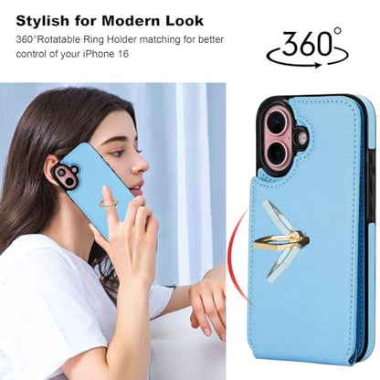 Folosu Compatible with iPhone 16 Case Wallet with Card Holder, 360°Rotation Finger Ring Holder Kickstand, RFID Blocking Leather Protective Double Buttons Shockproof Cover 6.1 Inch Blue - color: Blue